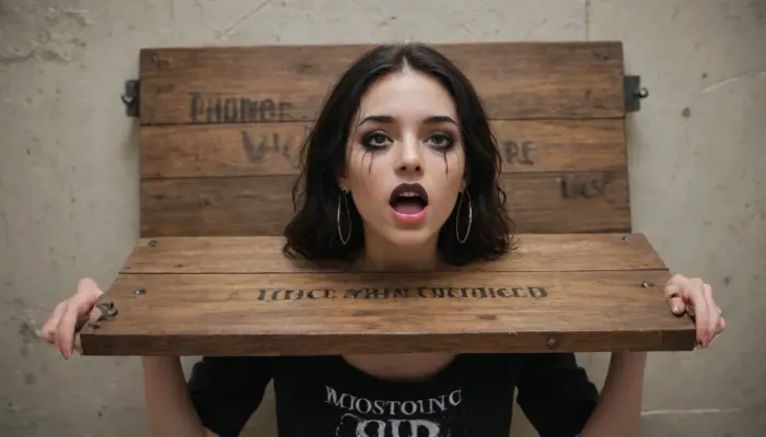 19 years old emo girl's head trapped in pillory, writing "fuck me", open mouth, thick black lipstick, ruined black makeup, long blond hair with much volume