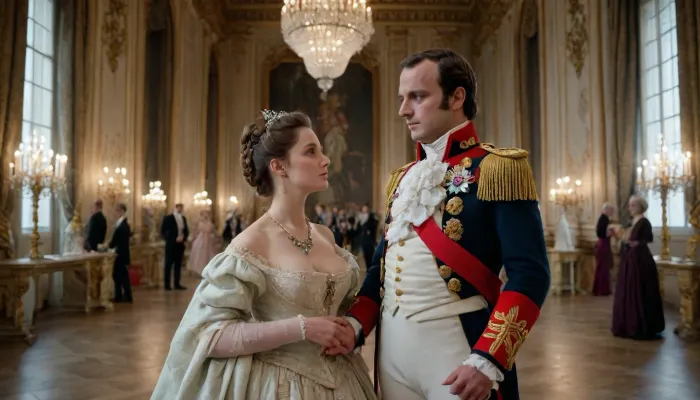uber realistic image, fullcolor image, full body view, 8K quality, ultra detailed, masterpiece, Napoleon Bonaparte, dressed as a general in Napoleon's army, in the ceremonial hall of Versailles, grabbed a woman by the breast, a woman in an 18th century French ball gown with an extremely deep neckline, side view, whole body in frame, whole body visible
