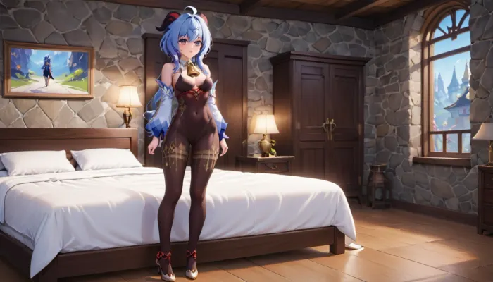 ((Ganyu from the game "Genshin Impact")), a masterpiece, many pixels in the drawing, 1 girl, clear image, standing in the bedroom, facing the viewer, ((dressed, dressed in Ganyu's clothes, dressed as in the game)), (tight trousers, as in the game "Genshin's Blow"), high heels like in the game, long legs, window and bed behind it, it's night outside, it's dark outside, medium breasts, small breasts, attractive hips, a small golden bell on her neck, a very small bell on her neck