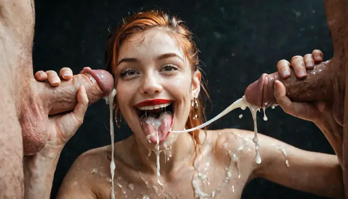 (Macro photo), (extreme close up:1.2), front view, Photorealistic, professional photography, (open mouth), (extended tongue), (eyes are smiling), red lipstick, excessive cum on tongue, short smooth ginger bobcut hair, ponytail 2 white men, handjob, topless, cum dripping from chin, tongue sticking out, black background.