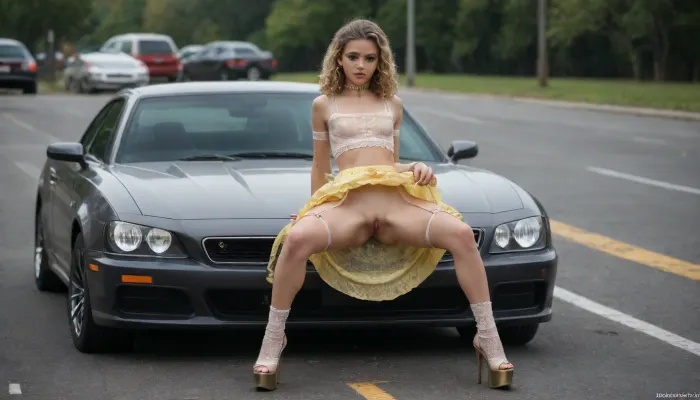 18 years old girl, (premature:1), (underage:1), (teen:1.5), natural petite cutie, beautiful model, wearing sister's hat, solo, blonde hair, length curly hair, a collar with diamonds around her neck, earrings, bracelet, ring, bally ring, (flat-chested:1.3), small tits, (chest and tits visible through top:1.5), (translucent crop top:1.7), a light and swirling mini skirt, blue or yellow or white or floral skirt but not pink, lifting skirt by wind, upskirt, princess makeup, (14 inch high heel straps platform:1.5), bare ass, princess plug, naked pussy, (no panties:1.5), (((we see the slit of her pussy)), narrow waist, very narrow waist, thin shoulders, thin hands, very feminine body, round ass, rounded hips, thick thighs, (Knee High mesh and lace socks:1.4), (((walk along road))), (((moving cars at her side))), open legs, peeing, sunny day)
