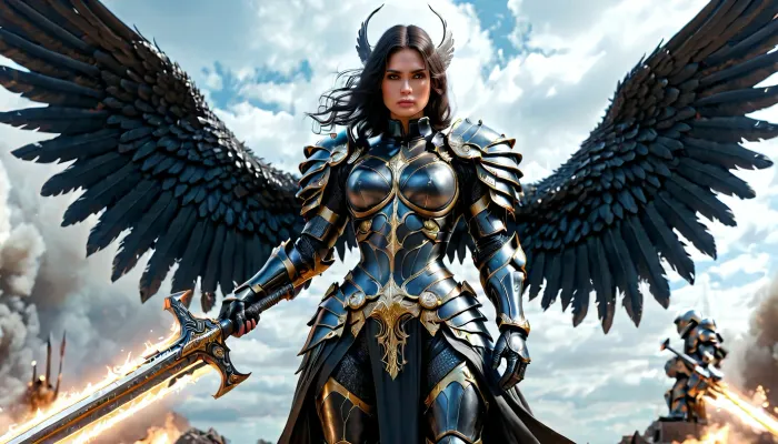 fantasy art, full body picture, UHD 8K, extreme realism, maximum detail, very big slim tall dark Angel woman with battlearmor, holding a big long weapon, detailed full armored helmet, detailed battleground in background, big black and white wings, light effects, hkstyle, ca45mv7-100, <lora:hkstyleV5:1>, <lora:detailed_notrigger:.7> fantasy art, full body picture, UHD 8K, extreme realism, maximum detail, very big slim tall dark Angel woman with battlearmor, holding a big long weapon, detailed full armored helmet, detailed battleground in background, big black and white wings, light effects, hkstyle, ca45mv7-100, <lora:hkstyleV5:1>, <lora:detailed_notrigger:.7>