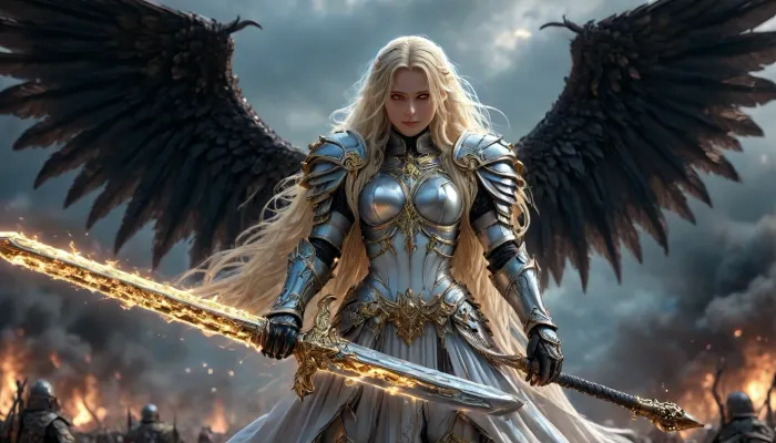 fantasy art, full body picture, UHD 8K, extreme realism, maximum detail, very big slim tall dark Angel woman with battlearmor, ((very long blonde hair)), ((long hair:1.5)), holding a big long weapon, detailed full armored helmet, detailed battleground in background, big black and white wings, light effects, hkstyle, ca45mv7-100, <lora:hkstyleV5:1>, <lora:detailed_notrigger:.7>