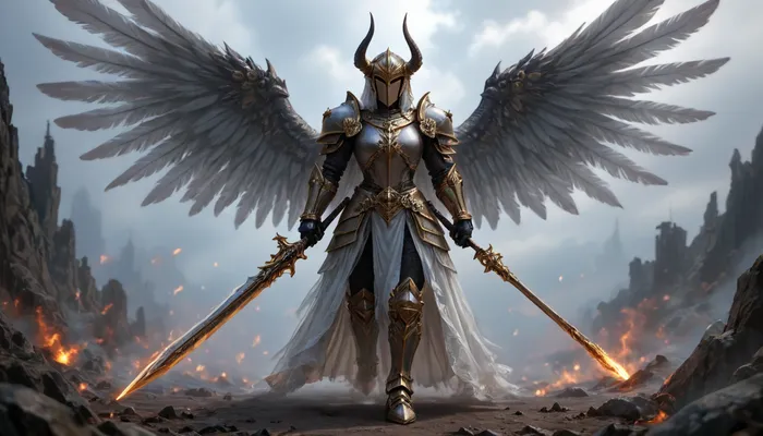 fantasy art, full body picture, UHD 8K, extreme realism, maximum detail, very big slim tall dark Angel with battlearmor, holding a big long weapon, detailed full armored helmet, detailed battleground in background, big black and white wings, light effects, hkstyle, ca45mv7-100, <lora:hkstyleV5:1>, <lora:detailed_notrigger:.7>