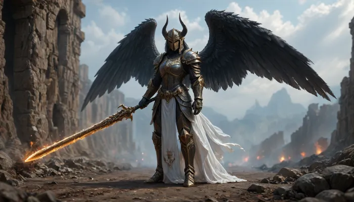 fantasy art, full body picture, UHD 8K, extreme realism, maximum detail, very big slim tall dark Angel with battlearmor, holding a big long weapon, detailed full armored helmet, detailed battleground in background, big black and white wings, light effects, hkstyle, ca45mv7-100, <lora:hkstyleV5:1>, <lora:detailed_notrigger:.7>