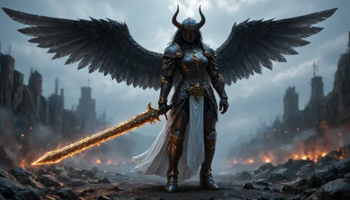 fantasy art, full body picture, UHD 8K, extreme realism, maximum detail, very big slim tall dark Angel with battlearmor, holding a big long weapon, detailed full armored helmet, detailed battleground in background, big black and white wings, light effects, hkstyle, ca45mv7-100, <lora:hkstyleV5:1>, <lora:detailed_notrigger:.7>