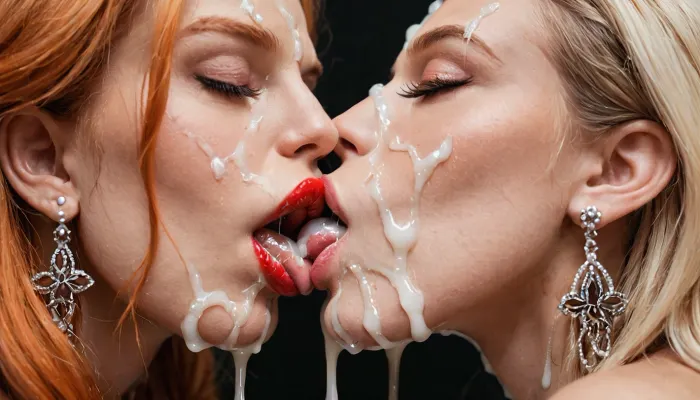 Close-up, (Side view), 2 mature woman, 1, white man, 2 blonde girls, (Macro photo), (close up), (russian), eyes closed, surpised, long smooth ginger hair, full lips, red lipstick, mouth full of cum, licking the cum out from there lips, (french kissing:1.3), excessive cum on tongue, excessive cum dripping from tongue, excessive cum on face, excessive cum on lips, french kissing, excessive cum dripping chin, white man with a huge erection, cum dripping from penis, cum on testicles, after sex, black background.