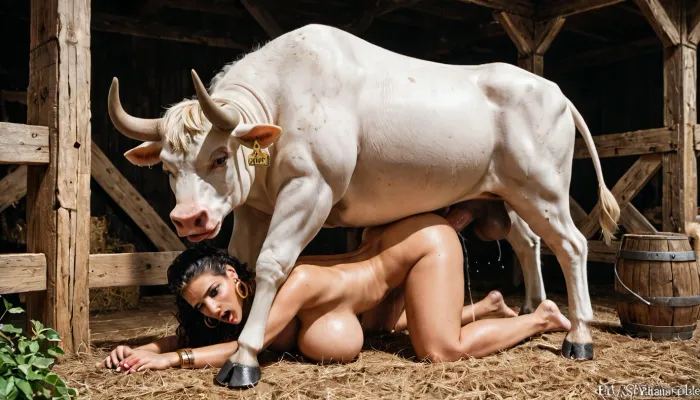 A film adaptation of an ancient Greek myth, Queen Pasiphae is locked inside the body of a wooden cow, a wooden cow is inseminated by a huge bull member of a breeding bull, sex of a bull and a wooden cow, a bull member goes deep into Queen Pasiphae.