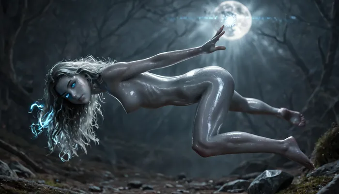 Ranni the witch, masterpiece, full body view, (detailed face and eyes:1.3), woman, slender body, muscular, medium breasts, erect nipples, (masterpiece, detailed), (metallic silver hair), ((floating face down)), levitation, naked, full moon background, (glowing blue eyes:1.5), side view, ((glowing white skin:1.7)), (shiny skin:1.7), uniform skin tone, (((body is horizontal:1.8))), (facing down:1.5), (mischievous:1.5), floating in air, zero gravity, (1 meter above ground)