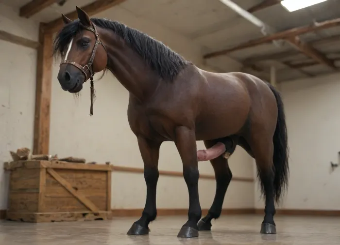 Large black shire stallion horse wide angle full body shot side on, large equine penis large horse cock erect horse hard dick, black fur, black horse