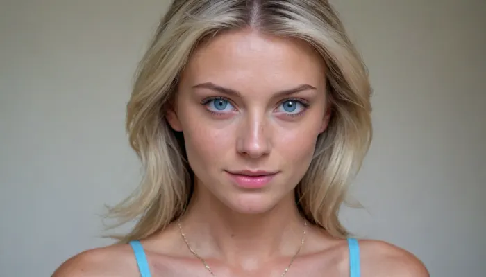 HD masterpiece, amateur candid photo, (one 25 yo dutch woman), stand, (white hair, messy hair, long hair), (thin jaw, square jaw:1.3), (ultra detailed face:1.8), nice teeth, thin face, freckles, (pointy nose:1.3), (tan skin, perfect skin, narrow waist:1.4), fit, (wide hips:1.4), toned, (abs visible:1.2), perfect medium naturals breasts, no bra, (half-close eyes, light-blue eyes:1.6), (purple stockings, necklace), (Sweaty body, heavy Sweating), (ultra detailed image, high resolution, high level of detail)