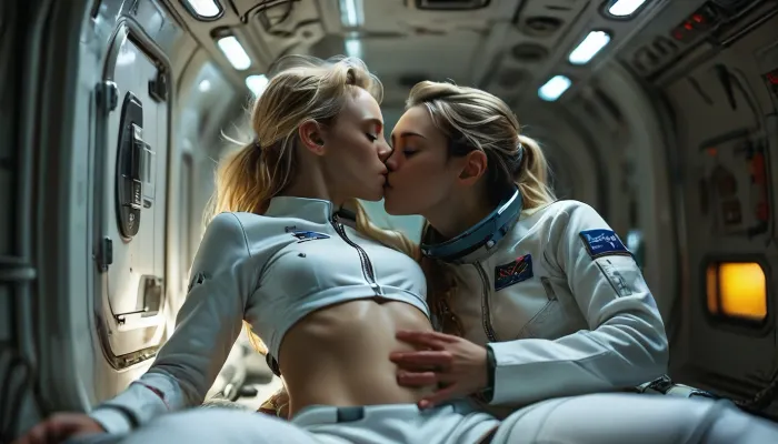 2women, Diana and Maria, full body view of Diana and Maria are astronauts on a space ship and enjoy lesbian oral sex in weightlessness surrounding, (casual kissing nipples by hovering above the ground:1.5), (long detailed hard nipples:1.3), (((hovering bodies:1.5))), ((floating bodies in zero gravity)), (((weightlessness))), Diana is a female 40 years old Astronaut, Diana has a perfect face, a slender and athletic body, blonde long hair, Blue eyes, small breasts, (flat-chested:1.2), (wearing white space uniform:1.4), (half pulled down uniform pants:1), (Dianas body floats weightlessly horizontal in middle of room), Maria is an slender African astronaut with ultra dark skin, highly detailed futuristic huge captain sleeping place on spaceship, LED lamps, low light, different screens, futuristic technic, (supernova outside window), cinematic, (masterpiece, detailed), upside, down, one, cunnilingus, 2girls, girl, licking, pussy, orgasmface, highly detailed, breathtaking, panoramic, but, mad-2cbrrm, mad-1cbrrm, (3D, Framed, Woman), Macabre, <lora:MJ52:1.1>, <lora:BUT_SDXL_SHS:1.1>, <lora:style_lora_realis:1.2>, <lora:Neon_Cyberpunk_Cyberarm_SDXL:1.7>, <lora:add-detail-xl:1.9>