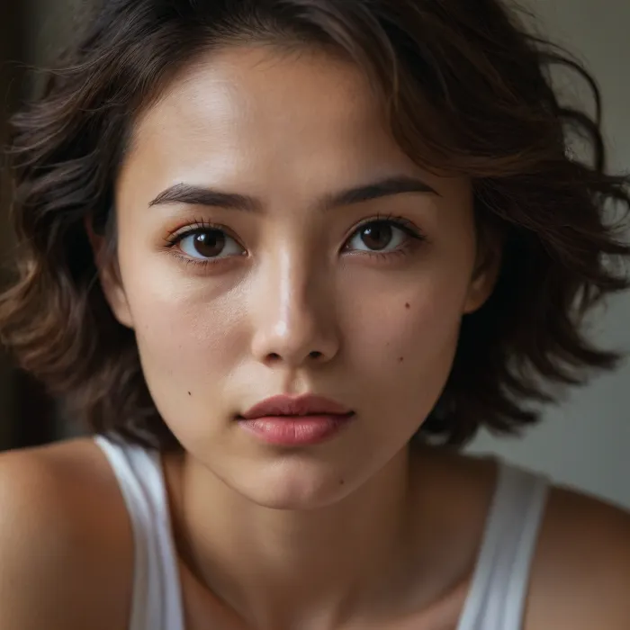 A 25-year-old Taiwanese woman, short wavy brown hair, high cheekbones, warm dark eyes, white Cropped tank top, close up, focus on face