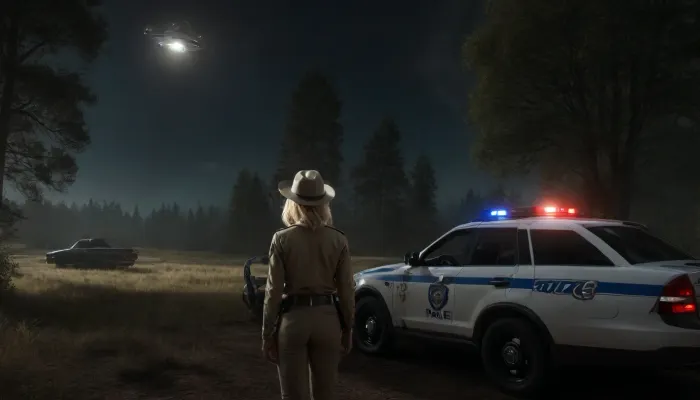 1girl, straight view from behind body in strong backlight, a skinny solo female sheriff wears an opened beige Sheriff uniform-jacket and cowboy hat, (beige uniform:1), (blonde female sheriff looks at spaceship far away in the sky:1.8), stands next to, (highly detailed police car with ultra bright emergency flashing lights:1.8), exposes sticked out cute butt, (hands on hood:1.2), (maximum arching back:1.5), (stands with legs apart), (small cute butt:1.6), eagerly hot, (bright flashlight illuminates the night magical colorful), (looks up at round spaceship:1.2), (above the landscape, a round illuminated, unidentified spaceship is visible:1.5), (highly detailed Spaceship:1.8), approaching for landing, (above the trees:1.6), surreal situation, unrealistic huge full moon, (strong backlight:1.4), at rainy night, novuschroma38, style, DonMN1gh7XL, John, Berkey, Style, page, FRESHIDEAS, Real, Photography, 2#, <lora:CBS_novuschroma38 style:.8>, <lora:DonMN1gh7rXL-000006:1.5>, <lora:dark:.8>, <lora:John Berkey Style:1.7>, <lora:FRESHIDEAS Real Photography 2#:.3>