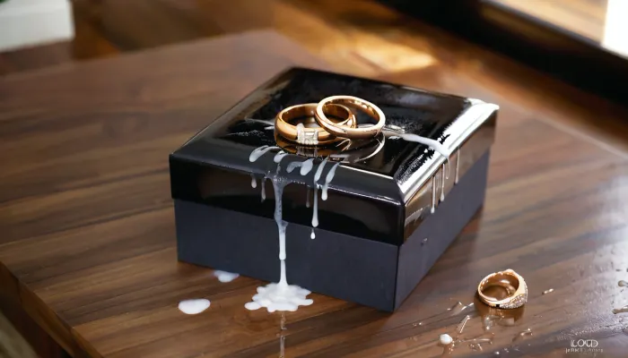 A luxurious bridal bouquet, elegantly arranged and placed next to an open velvet wedding ring box showcasing two shiny gold wedding rings. cum is oozing over the bouquet and dripping onto the rings and their box. Some of the cum has spilled onto the wooden table surface, creating reflective, sticky puddles. The scene is beautifully lit with natural soft light, creating a romantic yet surreal contrast between elegance and the unsettling presence of the cum.

hyper-realistic, elegant, cinematic lighting, macro lens, depth of field, soft shadows, luxurious, surreal, detailed textures, reflections, woman, cum, on, face, <lora:JustCum:.8>, <lora:678016_training_data:.8>