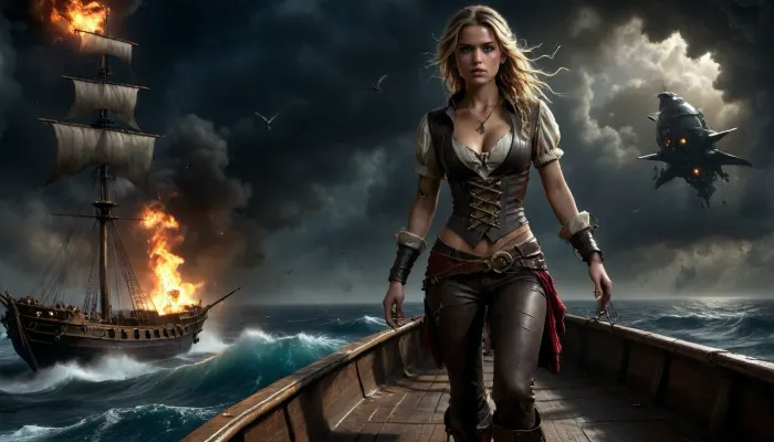 14 century, full body view of a solo beautiful 19 years old flat-chested slender female pirate being on pirate sailing ship, (working on wooden pirate sailing ship:1.6), blonde dreadlocks, wears highly detailed typical pirate clothing from the 14th century, a headscarf under the pirate hat, open dirty cotton shirt, red vest with embroidery, coarse brown rolled-up trousers, bare midriff, brown leather boots, large earrings, full-body tattoos, holds pirate saber, black storm clouds, surprised, she looks up at a huge round and illuminated spaceship which flys far away through the clouds, (highly detailed Spaceship flies above the ocean:1.6), surreal situation, (attacked and burning pirate sailing ship in background:1.2), photorealistic, cloudy, smoke, atmospheric, clouds, fog, <lora:Super_Eye_Detailer_By_Stable_Yogi_SDPD0:.4>, <lora:BUT_SDXL_SHS:.4>, <lora:888698_training_data:1.2>, <lora:dark:.1>, <lora:Cloudy_Style:.7>