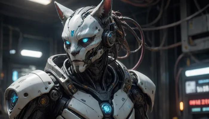 In the background, we can see screens with alien symbols, futuristic alien style, close-up, portrait, 3/4 view, male shapeshifting cyborg alien-cat, beardless, long ears, (elongated snout), long cables as hair in a 'Predator' style, black eyes, very lot red luminous veins, lot blue luminous cables, black skin with light printed circuits, (luminous holograms), (small white electric arcs on the skin), very white rusty futuristic armor, B34ut1ful, 4ndr01d, cyborg, metal, gears, circuits, bioluminescent, detailed face, detailed armor, mecha, <lora:Beautiful_Android:1.2>, <lora:277457_training_data:2>, <lora:mecha-000009 (1):1.2>