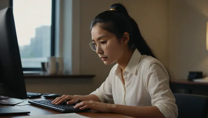 A 20-year-old Asian female freelance literary editor, with long black hair tied in a neat ponytail, intently focused on her computer screen, typing documents in a modern, well-lit office. She wears sophisticated gold-rimmed glasses and a comfortable, loose white shirt. Soft, ambient light illuminates her workspace, highlighting her concentration.