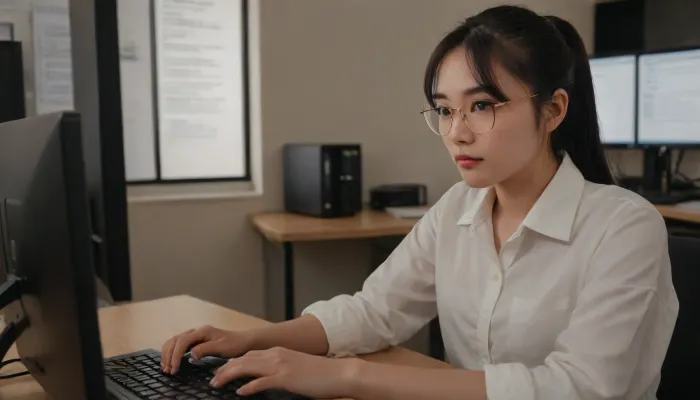 A 20-year-old Asian female freelance literary editor, with long black hair tied in a neat ponytail, intently focused on her computer screen, typing documents in a modern, well-lit office. She wears sophisticated gold-rimmed glasses and a comfortable, loose white shirt. Soft, ambient light illuminates her workspace, highlighting her concentration., <lora:hyi:.8>