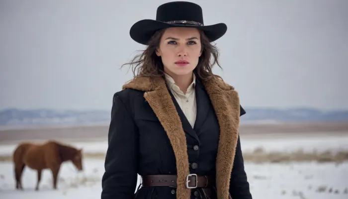 Cinematic photo of a gorgeous female Wild West gunslinger in the high plains in the snow, dramatic exciting photo, confident gaze, swagger, 8K, incredibly detailed, The, Hateful, Eight, film, style, <lora:The Hateful Eight film style:.8>