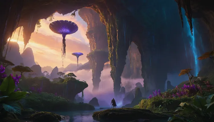 Towering, jagged rock formations suspended impossibly in mid-air, draped with lush alien flora that glows with faint bioluminescence under Pandora's twilight sky. Waterfalls cascade from the floating islands' edges into misty abysses below, while thick vines and twisted roots bridge the gaps between landmasses. Distant, larger floating mountains pierce the violet-hued clouds, their undersides revealing striated mineral layers that shimmer with embedded crystals. In the foreground, a lone banshee rider soars past a cluster of giant fan-like leaves, emphasizing the sheer, vertigo-inducing scale of this otherworldly landscape.