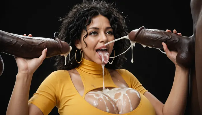 white curvy black african woman, long straight black hair, messy hair, (milf:1.2), dark eyes, yellow spandex top with turtleneck, massive breasts, amused, surprised, happy, licking the head of a massive cock of a black african male with a gigantic thick 25 inch penis, huge erection, handjob, cumshot on tongue, (ejaculation:1.2), excessive cum on breasts, cum on tongue, cum dripping from tongue, black room, black background.
