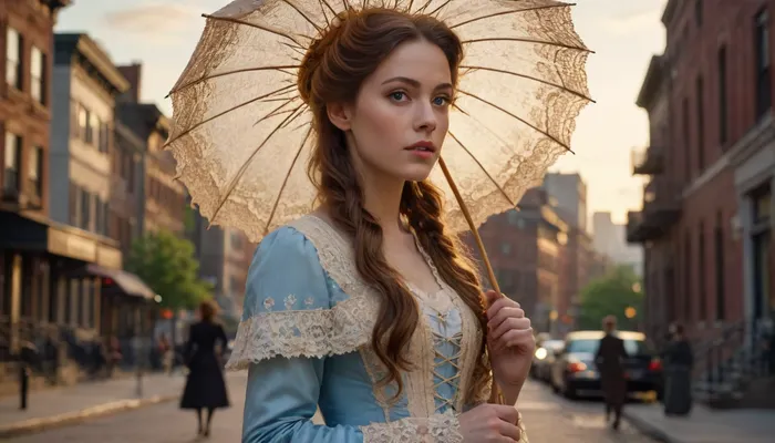 Cinematic, ultra-realistic, hyper-realistic, golden hour, 35mm, 19th-Century New York at sunset, bright day, billowing clouds. Beautiful woman dressed in Victorian lace, blue eyes, (holds a parasol), long brunette hair, (walking between buildings), woman looks at the city, thoughtful, (saturated, colors)