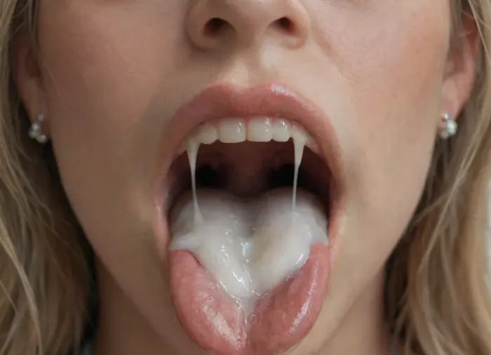 High-resolution digital photograph providing a detailed medical view inside an open human mouth. Close up of the mouth, (mouth taking most of the frame of the image space:1.4), . The image should show the teeth, gums, tongue, uvula, and throat in realistic clinical detail with natural lighting., (Extreme close-up focus on the oral cavity:1.4), mouth full of cum, mouth overflowing with excessive cum