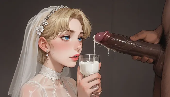 interracial, very large black penis, The happy white blonde bride in sexy wedding dress, cum driping bride's chain' cum driping from black penis, drinking sperm from transparent cup, there is glossy and sticky sperm in cup, cup full of sperm, cum swallowing, ((gokkun)), cum dripping from the corners of her lips, ((ratatatat74), 90s Anime, (Outline), (cartoon), incase style, concept, art, by, syd, mead, retro, futuristic, flat colors, Perfect Hands), <lora:ratatatat74-000050:1.1>, <lora:outline_xl_kohaku_delta_spv5x:1.8>, <lora:cartoon_stickers_xl_v1:.6>, <lora:NEOTOKIOXL_0.2_RC:.4>