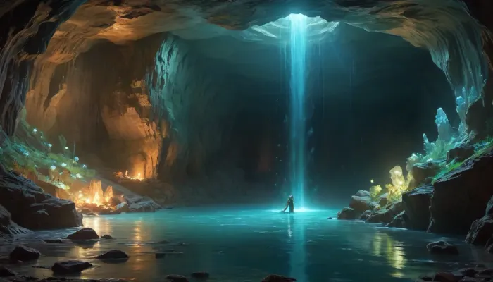 Gorgeous cave. Giant and intricate details. Glistening glowing pools of magical water. Bioluminescent crystals clinging to the cave walls. Garmash. Wlop. Guweiz. Oil paint strokes. Surreal. Outlines. Vivid and surreal crystals and magical water.