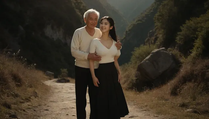 (1 Chinese girl), (1 elderly Chinese man), full body, girl with long black hair, slim figure, large breasts, wearing a thin short-sleeved sweater with a large round neckline, revealing cleavage, a medium-length one-step skirt, and a bun, the man hugs the girl's waist from behind with a smile on his face, the elderly Chinese man with white hair, walking on a mountain path, the sun is shining, and a stream is flowing