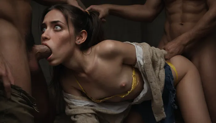 extremely realistic, 18 y/o American woman, ashamed facial expression, standing, (scared, pain-distorted facial expression), ((mouth penetration 1.3)), (forced deepthroating), looking her attacker, ((extreme flat chested)), blue eyes, (pigtails 1.1), ((sexually assaulted hard by three men)), ((yellow thong is torn in half on her thigh 1.2)), (forced deepthroat), ((anguished expression 1.2)), ((wide eyed)), anger, screaming, angry, (((detailed face))), ((HD face)), men undressing woman, thugs undressing woman, thugs tearing off her lace underwear, clothes torn, panties torn, men tearing off cardigan, tearing off skirt, pulling down bra, lace bra, men groping her, unbuttoned torn cardigan, pantyhose cut, low violet bra, show pussy, cumming, cum on face, man taking off her clothes, man takes off her violet panties, struggling, hairy pussy, escape, hold back clothes, woman pushing men away, taking off torn bra, brutal mouth penetration, brutally undressed, show nipples, Gang bang, back view, panties pulled down, lying, on side, <lora:dark:1>, <lora:polyhedron_angry-000006:2>, <lora:469839_training_data:2> extremely realistic, 18 y/o American woman, ashamed facial expression, standing, (scared, pain-distorted facial expression), ((mouth penetration 1.3)), (forced deepthroating), looking her attacker, ((extreme flat chested)), blue eyes, (pigtails 1.1), ((sexually assaulted hard by three men)), ((yellow thong is torn in half on her thigh 1.2)), (forced deepthroat), ((anguished expression 1.2)), ((wide eyed)), anger, screaming, angry, (((detailed face))), ((HD face)), men undressing woman, thugs undressing woman, thugs tearing off her lace underwear, clothes torn, panties torn, men tearing off cardigan, tearing off skirt, pulling down bra, lace bra, men groping her, unbuttoned torn cardigan, pantyhose cut, low violet bra, show pussy, cumming, cum on face, man taking off her clothes, man takes off her violet panties, struggling, hairy pussy, escape, hold back clothes, woman pushing men away, taking off torn bra, brutal mouth penetration, brutally undressed, show nipples, Gang bang, back view, panties pulled down, lying, on side, <lora:dark:1>, <lora:polyhedron_angry-000006:2>, <lora:469839_training_data:2>