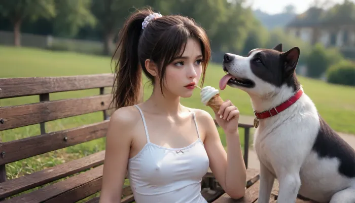 Everything is visible We can both be seen in the frame against the background of the amusement park, am Rex, watching for wanted AI woman., I am an electronic dog named Rex, (.
I serve in the K-9 unit.
I was tasked with finding an escaped AI copy. which created the illegal cybernetic body of a woman who used cloning and nano technology in electronics.
external signs, Asian type aged from 18, ponytail hairstyle with bangs., medium height, long beautiful legs, slightly larger blue eyes, mini breasts with erect nipples with purple halos and pierced nipples with platinum rings, very tight pink pussy also with piercing in the form of platinum rings. make-up with long eyelashes is blue, lush lips are red with a glossy color with a pink outline smoothly turning into red, green eye shadow.
I, Rex, am nearby, observing the object. Completely nakedShe sits on a bench with her legs spread and sucks ice cream), Black, Pitbull, Dog, <lora:Black_Pitbull_Dog:.8>