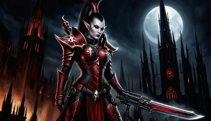 (A dark and alluring female Dark Eldar warrior, clad in sleek, sinister armor with sharp edges and dark metallic tones, glowing red eyes, intricate alien tattoos, wielding a wicked curved blade and a splinter pistol, standing confidently in the shadowy, gothic cityscape of Commorragh, with a background of dark spires and eerie glowing lights, exuding deadly elegance and malevolent grace, highly detailed, fantasy sci-fi art, dramatic lighting), They fight each other to the death

Create a detailed and dynamic illustration of a Sister of Battle, (Adepta Sororitas), from the Warhammer 40, 000 universe. She should be depicted in her iconic power armor, wielding a bolter and a flamer, embodying fierce devotion and unyielding faith. The background should evoke a grimdark sci-fi battlefield with gothic architecture and war-torn environment. Emphasize her role as a holy warrior fighting for the Emperor, showcasing both strength and piety., adepta, sororitas, <lora:adepta_sororitas_xl_v1:.8>, <lora:Drukhari-000006:.8>