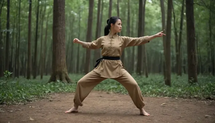 chinese girl, kung fu dress, kung fu fighting, outdoor, thailand jungle, side view, fight, stance, drunken, fist, high, kick, split, <lora:drunken-fist03:.1>