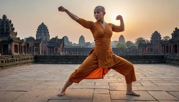 chinese girl, 25 year old, shaolin monk, (big breasts:1.1), topless, (baldhead:1.5), (oiled body:1.2), china, angkor wat roof top, sunset, shaolin robe, shaolin kung fu fighting pose, full body, 4ng3l, face, uberfit, muscular, athletic, fight, stance, drunken, fist, high, kick, split, NEGATIVE_HANDS, <lora:SDXL_BetterFaces-LoRA_v1:2>, <lora:uberfit_lora_sdxl:1.2>, <lora:drunken-fist03:.1>