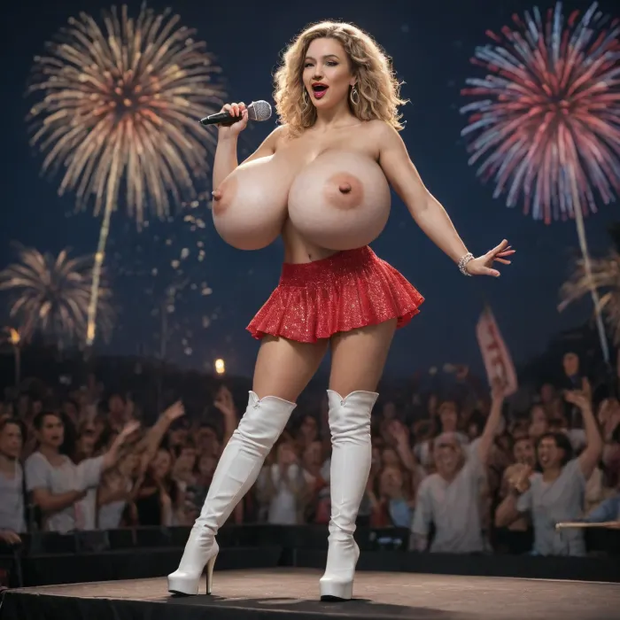 pop star topless, ((gigantic breasts)), ((large areolas)), (bright red lips), ((slim)), long blonde hair, on stage, singing, holding microphone, glittery skirt, white high heel boots, spotlights, cheering crowd, fireworks