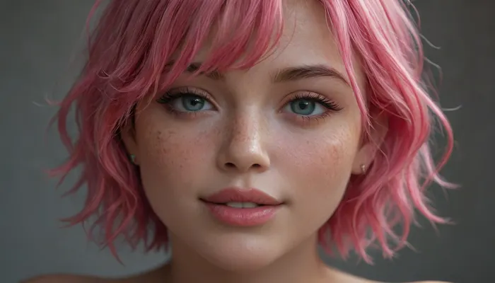 19 years old, Asian girl, slanted eyes, short straight hair, well made up, freckles on the cheeks, prostitute makeup, happy face, provocative face, hrglw, glow, pink neon, long, hair, very, <lora:glowing_hair-000006:.8>, <lora:eGirls_XL_v1:.8>, <lora:LiquidCloud_液流云_SDXL_V1:.8>, <lora:435733_training_data:.8>, <lora:pinkhair_SDXL-000004:.8>