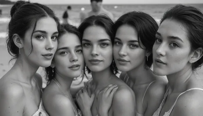 monochrome, young woman enjoys passionate group sex with several older men on the beach, a hidden place in the dunes on the North Sea coast, various perspectives, entire group in frame