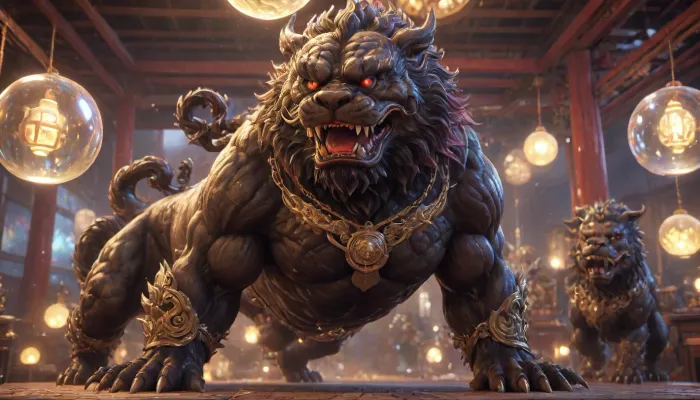 Kyoto Animation stylized anime mixed with tradition Chinese artworks~ A beastly muscular foo dogs, color black latex, look below at viwer, (male and female), at modern cyberpunk fantasy world. Cinematic Lighting, ethereal light, intricate details, extremely detailed, incredible details, full colored, complex details, insanely detailed and intricate, hypermaximalist, extremely detailed with rich colors. masterpiece, best quality, aerial view, HDR, UHD, unreal engine. plump looking at the camera, smooth thighs, (glittery jewelry), ((acrylic illustration, by artgerm, by kawacy, by John Singer Sargenti), dark Fantasy background, glittery jewelry, Representative, fair skin, Rich in details High quality, 8k, super detail, gorgeous light and shadow, detailed decoration, detailed lines), CL_4Guardians, bestialy, (((extremely beastly muscular foo dogs, color black latex))), Rosefinch, Giant_Tortoise, Kylin, cinematic ambient lighting, masterpiece, ((((extremely realistic detailed lighting, extremely realistic detailed shadows, extremely realistic detailed skin texture, extremely realistic detailed skin pores, extremely realistic detailed micro fur, extremely realistic detailed air bubbles, extremely realistic detailed attack position body, extremely realistic detailed attack face, best quality, ultra-detailed, HDR, sharp focus, highest resolution:1.4)))), <lora:CL_4Guardians_XL_v1:2>, <lora:436263_training_data:2>, <lora:niohxlguardiansprt-step00000420:2>, <lora:zqhb:2>, <lora:BubbleXL:1.1>