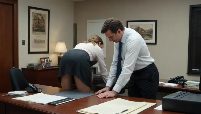 ((1 Secretary and a 1 man)), (((Man fuck the secretary from behind bend over the office desk))), look in side view