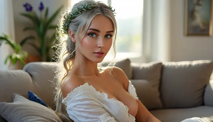 Grade 9, Grade 8, Grade 7, 8K UHD, hyper-realistic, (Greek goddess), queen, 29 years old, (perfect body), (long silver hair), ash-gray hair, (detailed eyes with blue irises), rounded breasts, firm nipples, flowing clothes, fully clothed, pussy visible, masturbating with her hand, high ponytail, unusual hairstyle, (laurel wreath), (perfectly beautiful face), light smile, sprawled on the couch, one leg raised, sunlight falling from behind, oculus, (skylight), backlight, high contrast, (spectacular lighting), outdoor, portrait, close-up, <lora:attractive_notrigger:1.7>, <lora:Midjourney Image Enhancer XL v1:1>, <lora:MJ52:1.9>, <lora:sunnyrayyxo_v1_SDXLBase:1.6>