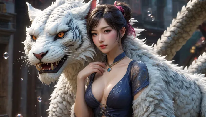 Kyoto Animation stylized anime mixed with tradition Chinese artworks~ A dragon flying at modern cyberpunk fantasy world. Cinematic Lighting, ethereal light, intricate details, extremely detailed, incredible details, full colored, complex details, insanely detailed and intricate, hypermaximalist, extremely detailed with rich colors. masterpiece, best quality, aerial view, HDR, UHD, unreal engine. plump looking at the camera, smooth thighs, (glittery jewelry), ((acrylic illustration, by artgerm, by kawacy, by John Singer Sargenti), dark Fantasy background, glittery jewelry, Representative, fair skin, beautiful face, Rich in details High quality, gorgeous, glamorous, 8k, super detail, gorgeous light and shadow, detailed decoration, detailed lines), CL_4Guardians, Azure_Dragon, White, Tiger, Rosefinch, Giant_Tortoise, Kylin, cinematic ambient lighting, masterpiece, ((((extremely realistic detailed lighting, extremely realistic detailed shadows, extremely realistic detailed skin texture, extremely realistic detailed skin pores, extremely realistic detailed micro fur, extremely realistic detailed air bubbles, best quality, ultra-detailed, HDR, sharp focus, highest resolution, highest resolution ass:1.4)))), <lora:CL_4Guardians_XL_v1:2>