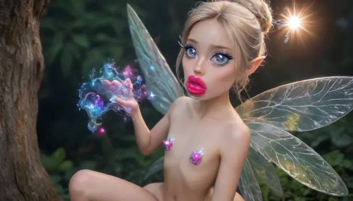 awesome detailing, awesome lighting, nude small petite fairy, detailed blonde hair in messy bun, transparent glittery fairy wings, sparkling eyes, flat chest, (holding a magic vibrator in her hand:1.3), tiny glowing nipples, tiny waist, ((makeup:1.5), long blue eyelashes with eyeliner:1.2), (big lips:1.3), Her body is slightly tilted to the side, one leg is slightly bent at the knee, (purple pussy:1.1), nipple ringsnipple, (purple puffy anus:1.5), (there are, (big anal beads:1.3), sticking out of the anus), nipple ringsnipple slender petite body, slender thin legs, shiny pink tight pussy, purple skin, glowing skin, huge cherry blossoms tree, wild flowers, fireflies, colorful small birds, bush, grass, sunlight, angle from above, (((looking, viewer))), (((splash, pad))), ((spray, water)), ((wet, body)), CUM, DONATION, ASSISTANCE, FELLATIO, TITS, SEX, HANDJOB, FOOTJOB, AFTER, VAGINAL, <lora:CUM DONATION ASSISTANCE:2>
