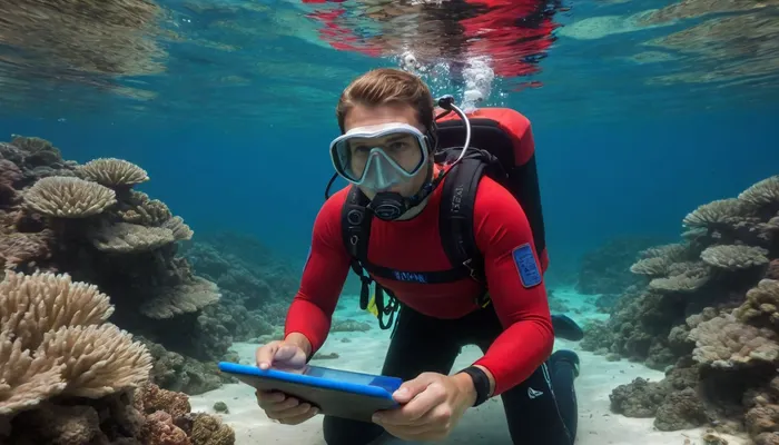 A marine biologist studies corals underwater, wearing a 5mm wetsuit, red vest, weight belt, carbon tank, tempered glass mask, regulator, propulsion fins, and holding a tablet, as he dives in the turquoise waters of Palawan. The biologist directly observes and analyzes the blue-green coral Lobophyllia, taking notes. All the elements and the coral are clearly visible in the image, illuminated by sunlight.