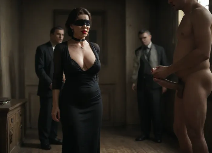 (realistic style), masterpiece, highest quality, ultra detailed, extreme high quality, 8k, uhd, RAW file, high quality textures, (husband handing over his wife to a black man:1.2), (drug lord), (black man with cock waiting), lifting her evening dress, stripping, caress, man in suit, (submissive mature wife exposed standing in the center of the room:1.4), (woman standing hands back waiting orders), worried, sorrow, blindfolded, bdsm, collar, ballgag, muzzle, (british milf:1.3), submissive, (spontaneous face expressions:1.1), naughty, slut, sagging tits, (mafia, in a bad mood, stern look, fat black man:1.3), (realistic skin texture), detailed beautiful cock, precum, ass, tits, pussy, embarrassed, shy, lavy black lingerie, in a living room, soft shadows, night, soft light, full body view, detailxl, expression, photo, portrait, <lora:Expressions XL:.5>, <lora:real-humans-PublicPrompts:.8>, <lora:dark:.4>, (RealBlackFFStocking), <lora:RealBlackFFStocking_XL:.8>