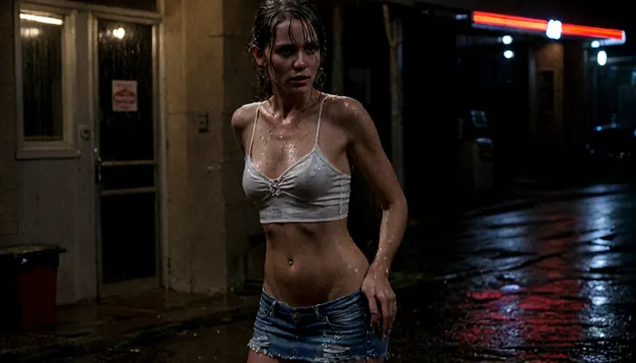 It's the weekend, Marie has been out partying and is now walking back to Motel alone, perfect wet face, face in focus, she's dressed up sexy, a wet jeans miniskirt, a wet tight-fitting white shirt with thin straps, and stiletto heels. Marie is athletic and very slim, almost skinny. Marie is very drunk, and unfortunately, it has started to rain heavily. Marie's sexy clothes are soaked and cling to her skin. Marie seeks shelter under a small awning and leans with her back against a wall, waiting for the monsoon rain to stop. She has a perfect expression. It's the middle of the night, neon signs reflect in puddles, cars drive by, kicking up water, everything is wet, 8k, high resolution, Marie in focus, <lora:add-detail-xl:.4>, <lora:LCMTurboMix_Euler_A_fix:.4>, <lora:607315_training_data:.2>, <lora:dark:.3>, <lora:photorealistic_portrait_notrigger:.8>