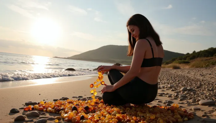 Photorealism, photorealistic, realistic, {woman collecting amber on the Baltic Sea coast}, lifelike, highly detailed, ultra-realistic, cinematic lighting, 8K