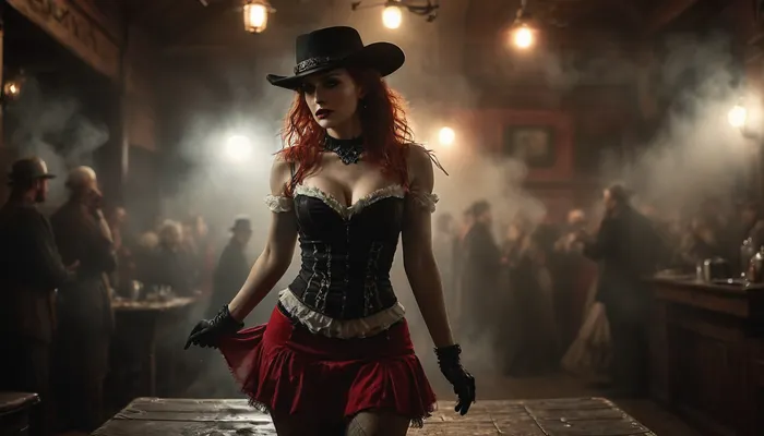 Monochrome, Wild West 1790, a super sexy athletic and flat-chested Classic French cancan dancers on stage in typical sexy costumes and fiery red long hair, ruffles, garter belts and cancan in a saloon, lifts up her dark red miniskirt, she wears, (sexy cancan outfit:1.3), underneath a red lingerie, (dark red velvet dress with many white petticoats:1.4), (black fishnet stockings:1.4), cowboy boots, her dusty black hat is pulled low over her face, perfect face, perfect hands, dangerous aura, dancing on the polished wooden stage of a smoky frontier saloon, (pompom in one hand:1.3), warm golden lamplight, card tables and piano in the background, cowboys and gamblers glancing her way. Sawdust on the floor, haze of cigar smoke in the air, filled with dust and smoke, emphasizing a cinematic, dystopian cowboy atmosphere, art Style & Technique is a dirty old style, Ultra-realistic digital painting with cinematic depth of field. Highly detailed texturing on leather, skin, and hair, dramatic contrast lighting and warm dusty tones, a sharp foreground focus and a slightly blurred background to create depth, masterpiece, best quality, ultra-detailed, cinematic lighting, wild west, smoking weed, cannabis, Ultra-realistic Western art, highly detailed, cinematic moody lighting, tense but charismatic atmosphere., crowd, of, people, FRESHIDEAS, Real, Photography, 2#, Black, and, white, art, black, shading, charcoal, toned, brutal, dark, b/w, color, scheme, <lora:FRESHIDEAS Real Photography 2#:.5>, <lora:crowd_notrigger:.5>, <lora:MJ52:.5>, <lora:Black and white art.V1:1.5>