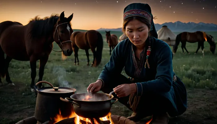 realistic, detailed, (depth of field:1), (young Kyrgyz nomad woman), with perfectly detailed face, wearing Kyrgyz nomad headdress, (cooking over fire, stir in pot:1), (perfect hands), (steppe), (Kyrgyz nomad, yurt-camp), (grazing horses, in somewhat far background:1.4), (dark night:1), somewhat starry sky, (natural light), (perfect shadows), (masterpiece:1), (denoise:.1), <lora:dark:.5>, <lora:add-detail-xl:.9>